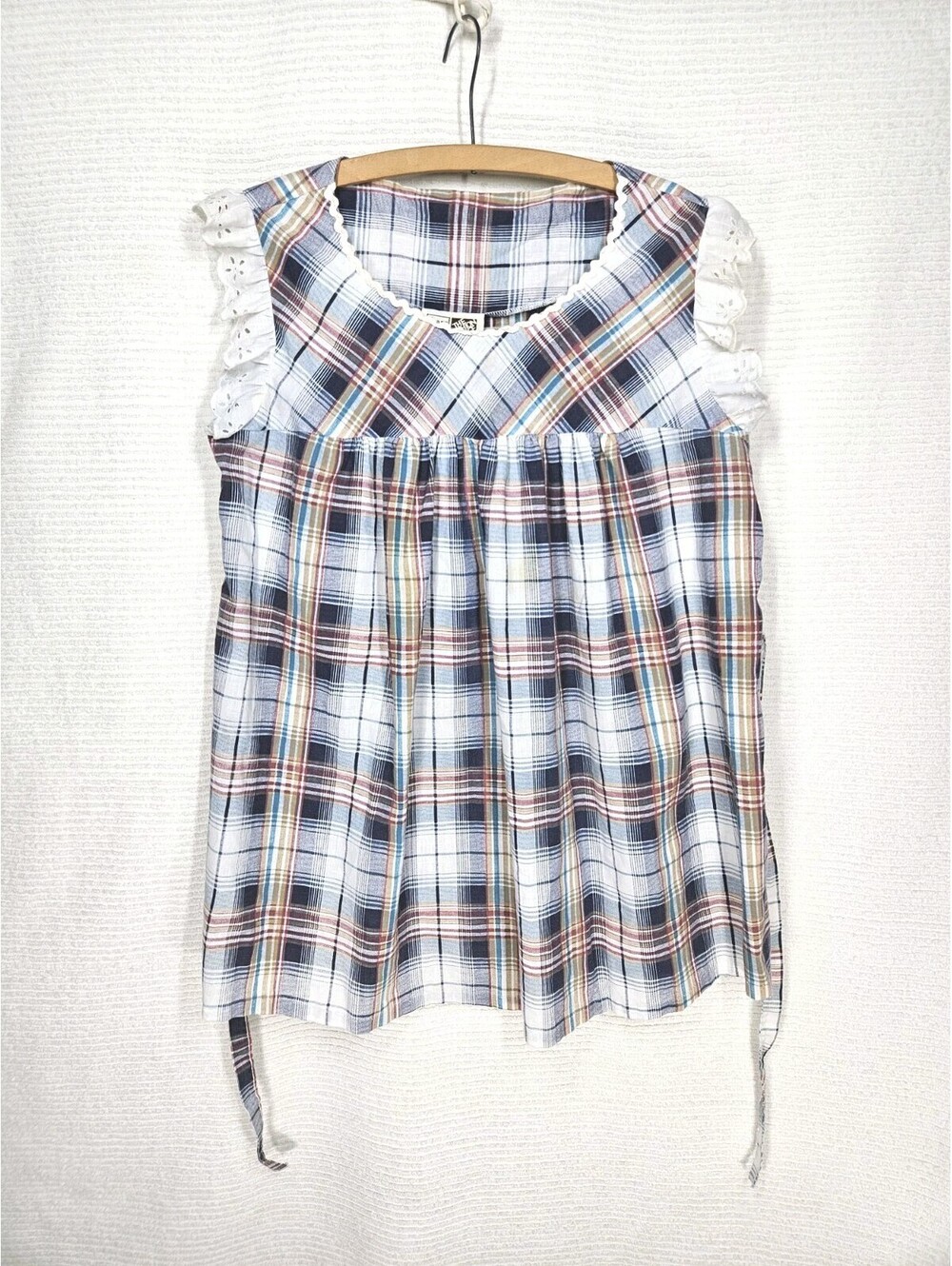 Vintage 1970s Maternity Tunic Shirt Plaid Eyelet Ruffle Sears Retro USA Classic